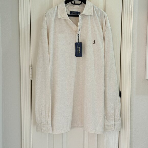 Ralph Lauren Polo Shirt Men's 2XL Tall Long Sleeve Heathered Cream Shirt - Picture 12 of 15